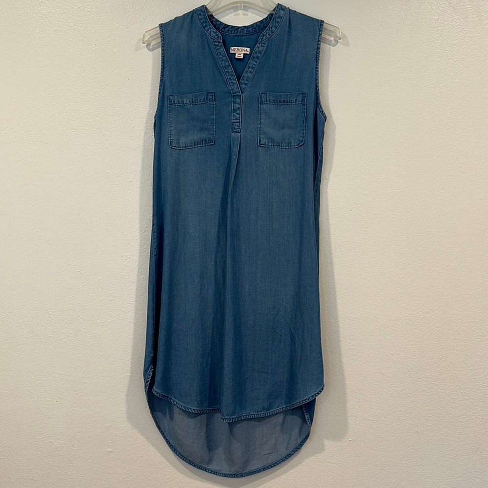 Merona Denim Style Sleeveless V-Neck Dual Pocket Lyocell High Low Dress Size XS